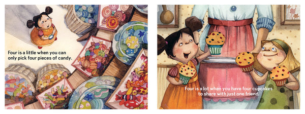 Four is a little, Four is a LOT, a birthday book for four-year-olds, candy and cupcakes